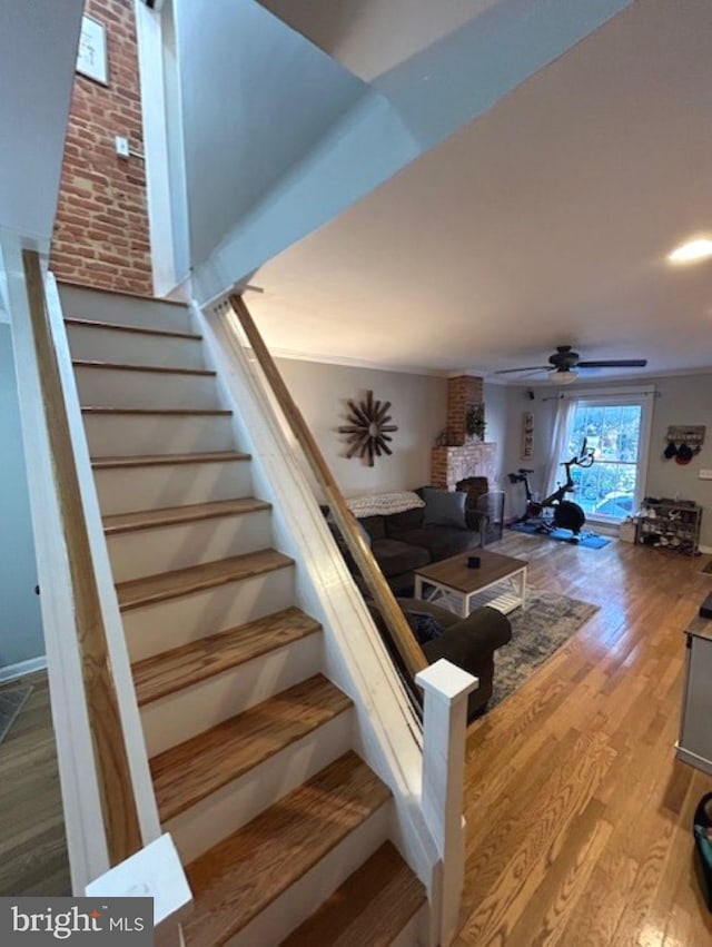 stairs with ceiling fan, hardwood / wood-style flooring, crown molding, and a fireplace