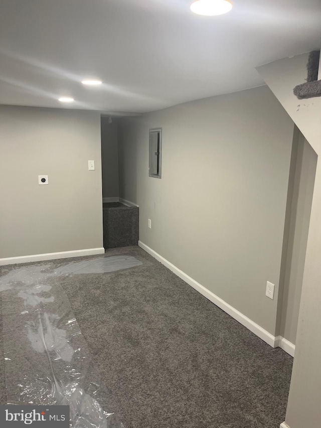 basement with electric panel and carpet flooring