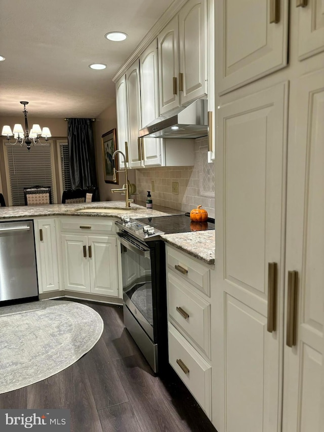 kitchen with dark hardwood / wood-style floors, stainless steel appliances, sink, pendant lighting, and an inviting chandelier