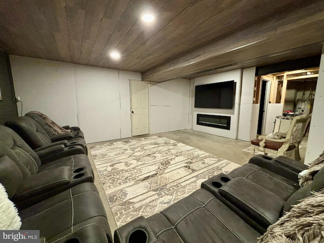 living room featuring wooden ceiling