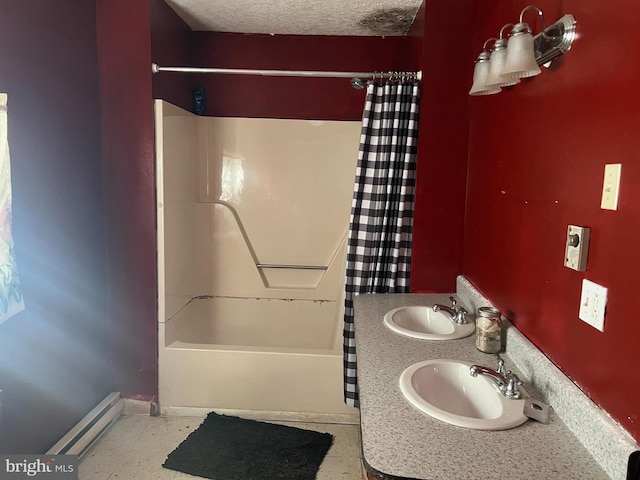 bathroom featuring shower / bath combination with curtain, a textured ceiling, a baseboard radiator, and vanity