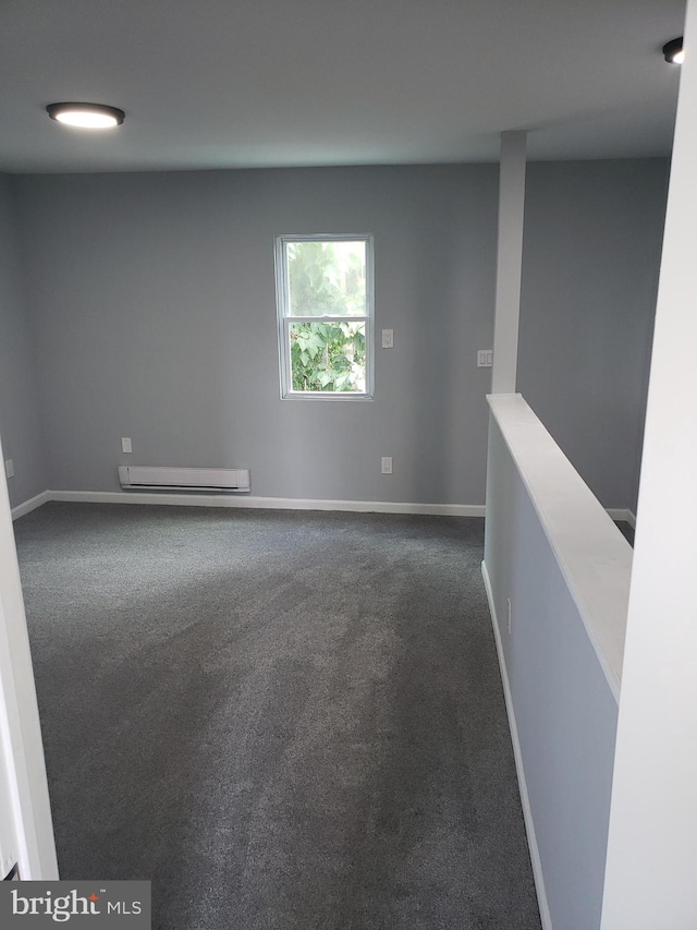 carpeted empty room with baseboard heating