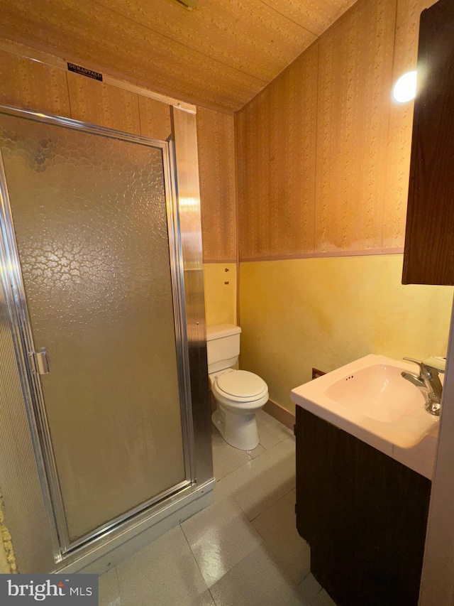 bathroom featuring vanity, toilet, and an enclosed shower