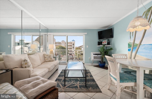 tiled living room featuring crown molding and an AC wall unit