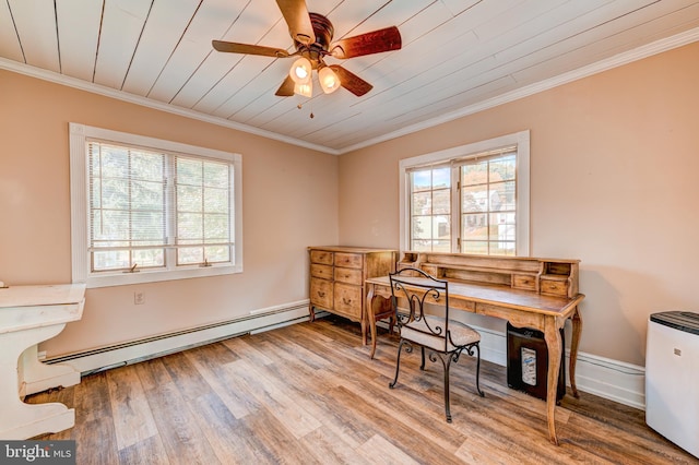 office space featuring crown molding, hardwood / wood-style flooring, a baseboard heating unit, and ceiling fan