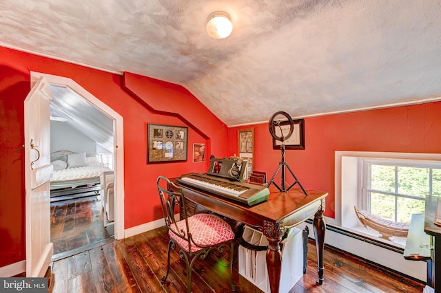 office space featuring lofted ceiling, a textured ceiling, dark wood-type flooring, and a baseboard radiator