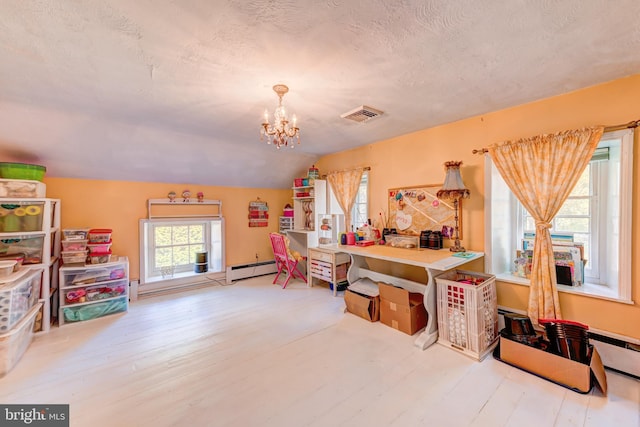 game room featuring hardwood / wood-style flooring, vaulted ceiling, a baseboard radiator, a chandelier, and a textured ceiling