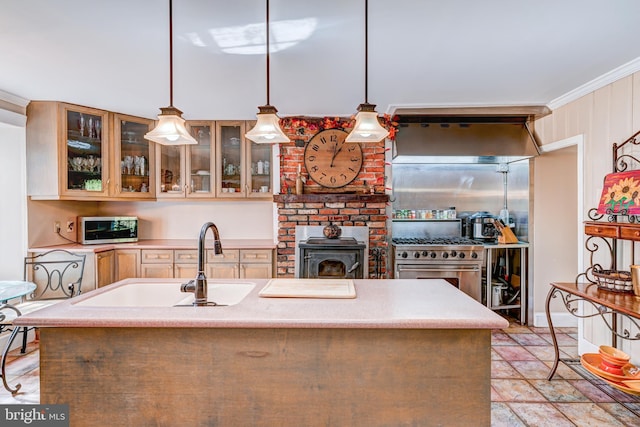 kitchen with ornamental molding, sink, appliances with stainless steel finishes, and hanging light fixtures