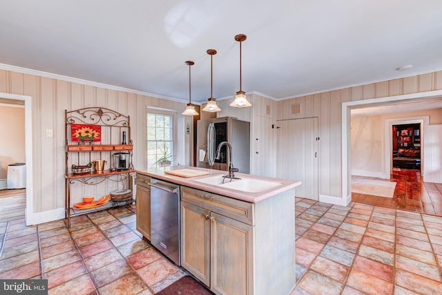 kitchen with ornamental molding, dishwasher, a kitchen island with sink, and hanging light fixtures