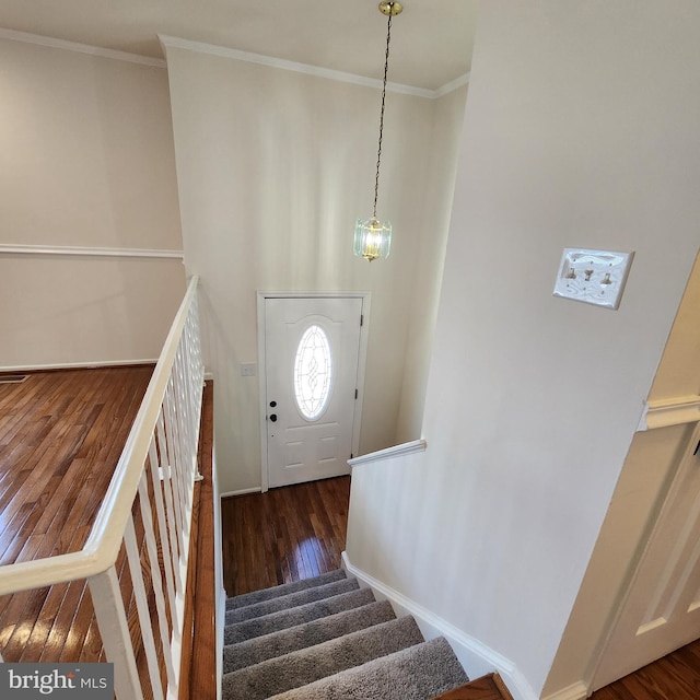 entryway featuring dark wood-type flooring, ornamental molding, and an inviting chandelier