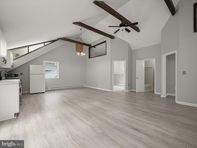 unfurnished living room with high vaulted ceiling, ceiling fan with notable chandelier, a baseboard heating unit, baseboards, and beam ceiling