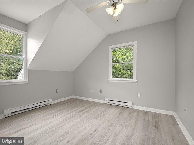 bonus room featuring a baseboard heating unit, light wood-type flooring, and ceiling fan