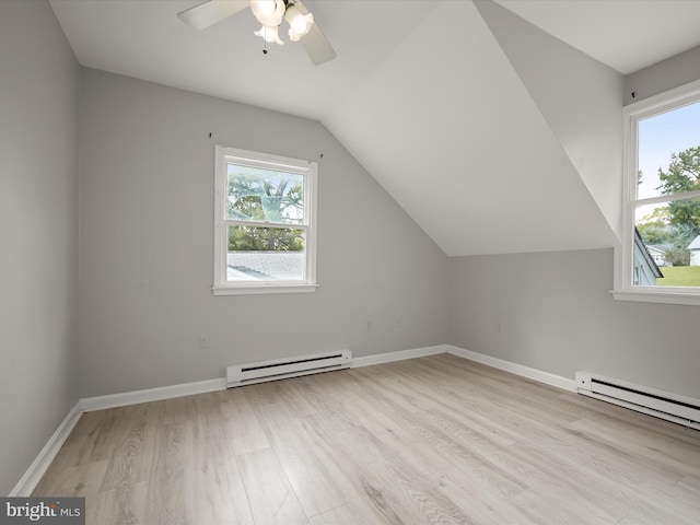 additional living space featuring a baseboard radiator, a healthy amount of sunlight, ceiling fan, and light wood-type flooring