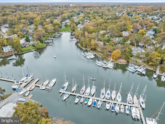 aerial view featuring a water view