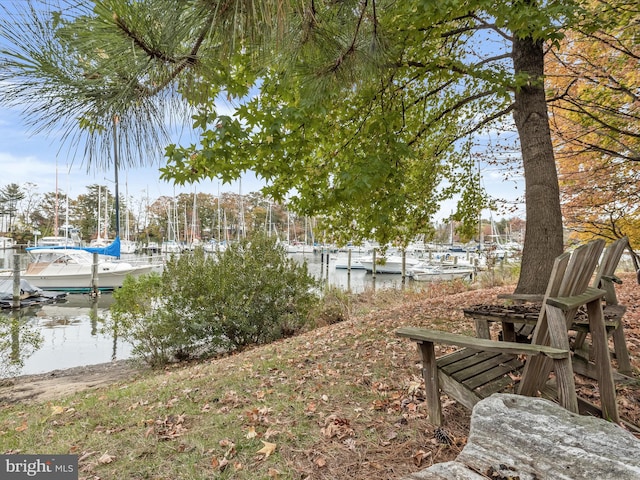 exterior space with a water view