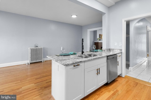 kitchen featuring radiator, sink, stainless steel dishwasher, white cabinetry, and kitchen peninsula