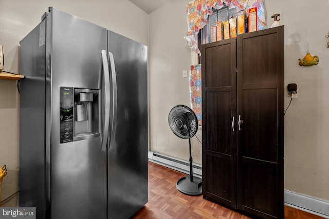 kitchen with stainless steel fridge with ice dispenser, light parquet floors, dark brown cabinetry, and a baseboard radiator