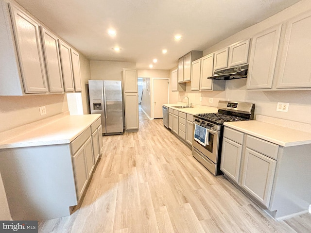 kitchen with light hardwood / wood-style flooring, stainless steel appliances, and sink