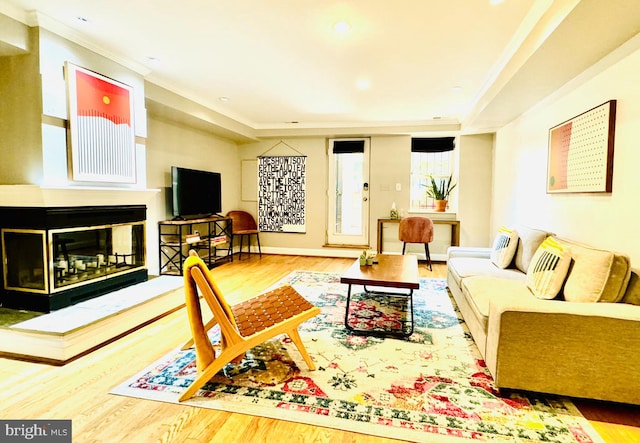 living room featuring ornamental molding and hardwood / wood-style floors