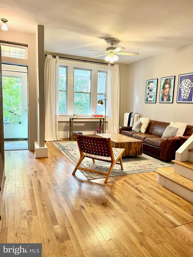 living room with ceiling fan, plenty of natural light, and light hardwood / wood-style floors