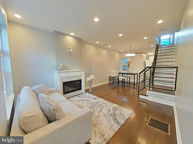 living room featuring dark wood-type flooring