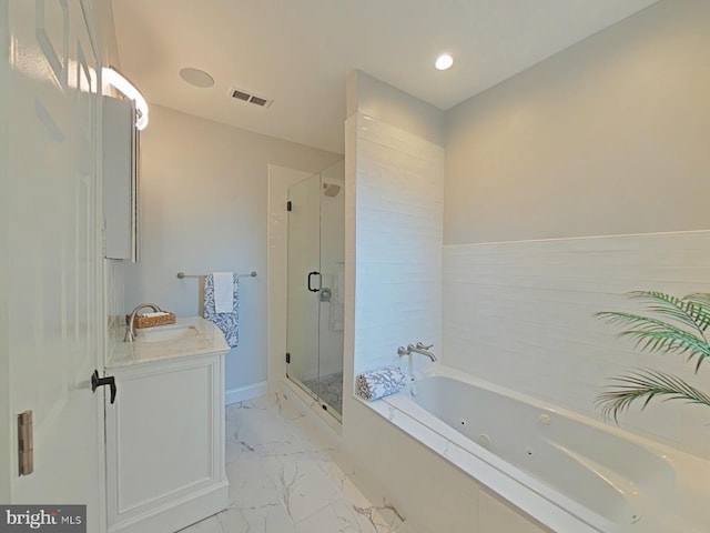 bathroom featuring vanity and plus walk in shower