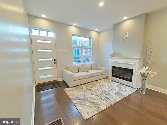 living room featuring a fireplace and dark hardwood / wood-style flooring