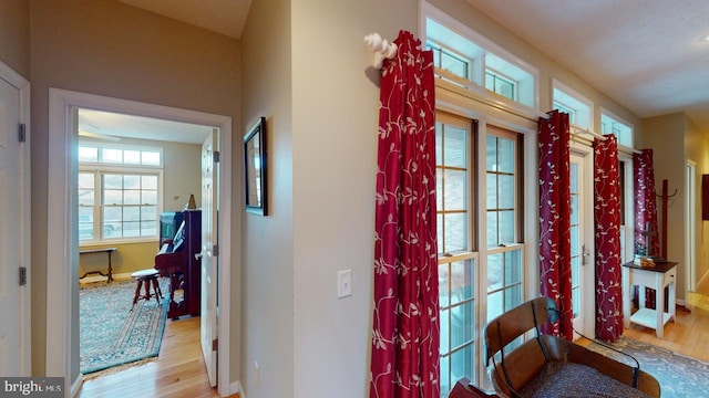 doorway with baseboards and wood finished floors