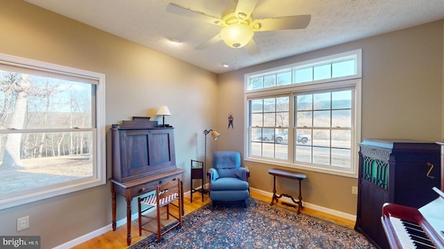 sitting room with a textured ceiling, wood finished floors, and baseboards