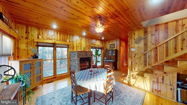 dining space with wooden walls, a fireplace, and wood finished floors