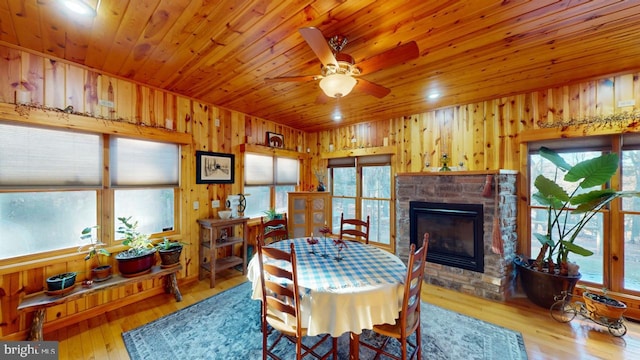 dining space featuring wooden ceiling, hardwood / wood-style floors, a stone fireplace, wood walls, and a wealth of natural light