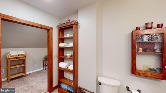 bathroom featuring lofted ceiling, toilet, and baseboards