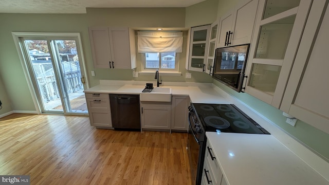 kitchen featuring a healthy amount of sunlight, sink, black appliances, and light wood-type flooring