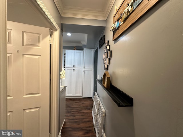 hall featuring ornamental molding and dark hardwood / wood-style floors