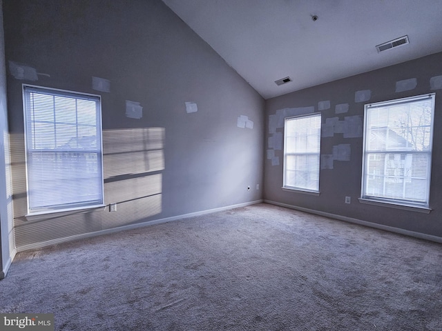 spare room featuring carpet flooring, plenty of natural light, and lofted ceiling