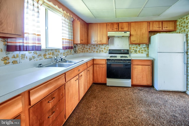 kitchen featuring light countertops, freestanding refrigerator, gas range, under cabinet range hood, and a sink