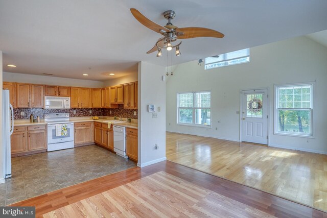 502 Pond Way, Church Hill, MD 21623 - kitchen with a ceiling fan, a sink, white appliances, and light countertops