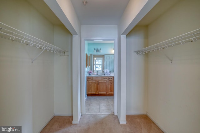 spacious closet featuring light carpet and sink