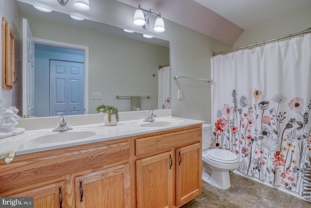 bathroom with vanity, tile patterned flooring, toilet, and a shower with shower curtain