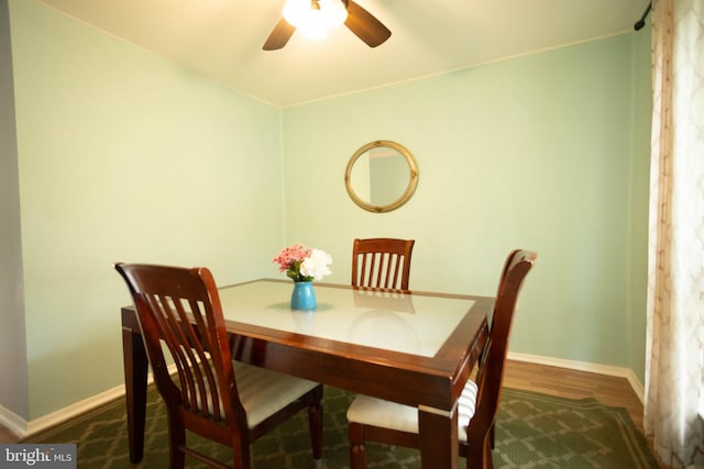 dining room featuring dark hardwood / wood-style flooring and ceiling fan