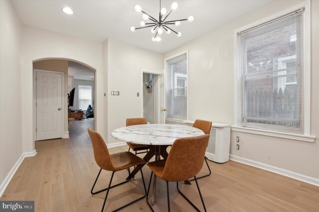 dining room with an inviting chandelier, light hardwood / wood-style floors, and plenty of natural light