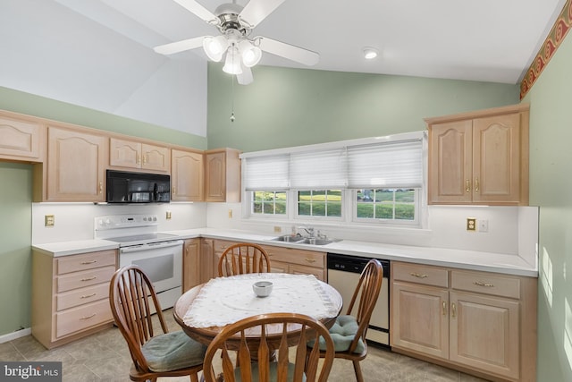 kitchen with ceiling fan, light brown cabinetry, white appliances, and sink