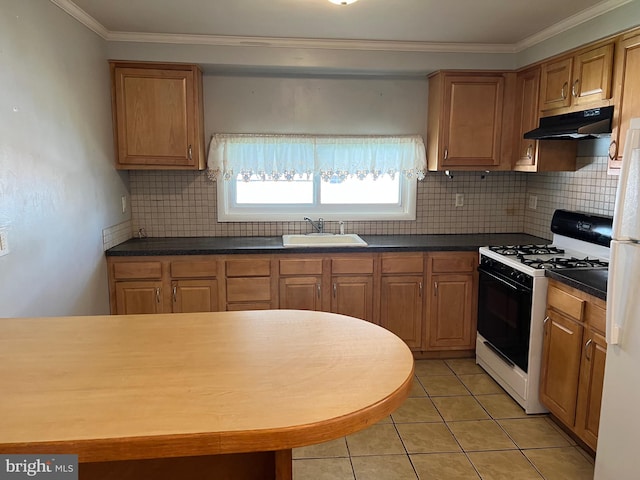 kitchen featuring backsplash, ornamental molding, white appliances, sink, and light tile patterned flooring