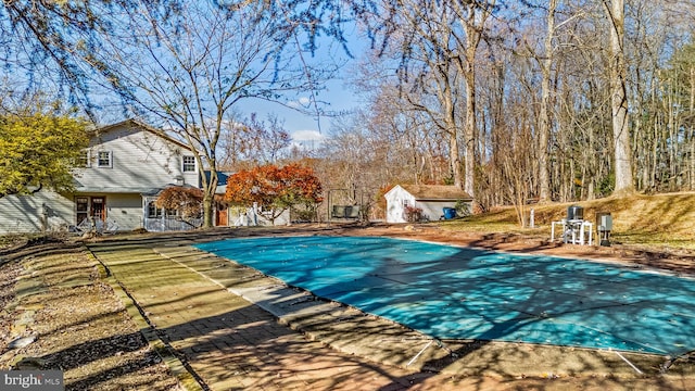 view of swimming pool with a storage unit and a patio area