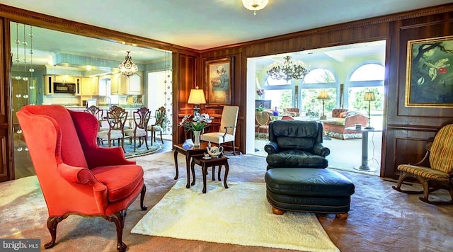 living area featuring crown molding, carpet, and wooden walls