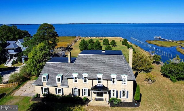 drone / aerial view featuring a water view