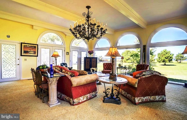 carpeted living room with beam ceiling, a wealth of natural light, french doors, and a chandelier