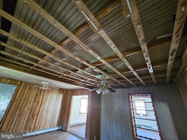 misc room with a baseboard heating unit, wooden walls, and ceiling fan