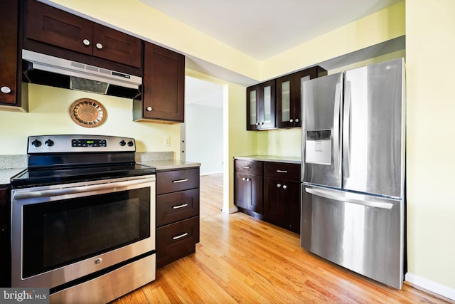 kitchen with light hardwood / wood-style floors, dark brown cabinetry, and stainless steel appliances