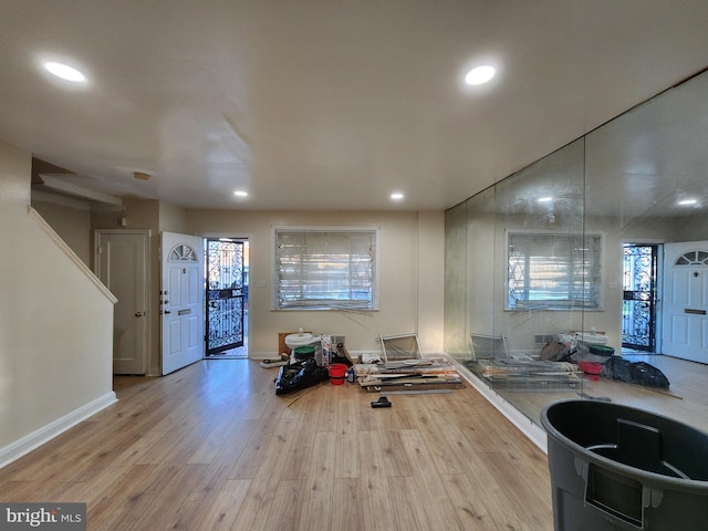 exercise area featuring light hardwood / wood-style floors